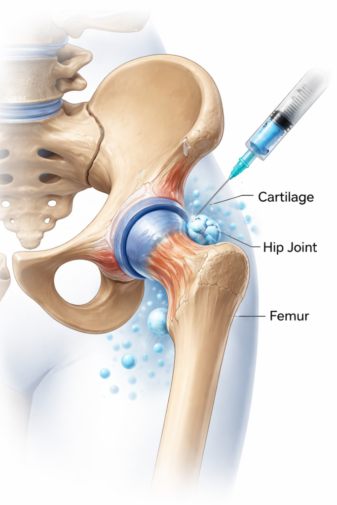 Medical illustration of hip joint anatomy and cartilage relevant to stem cell therapy for hip pain