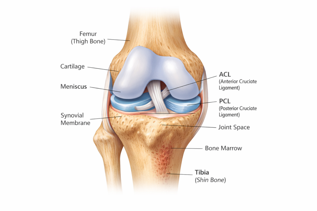 Illustration of the knee joint showing cartilage, meniscus, and ligaments