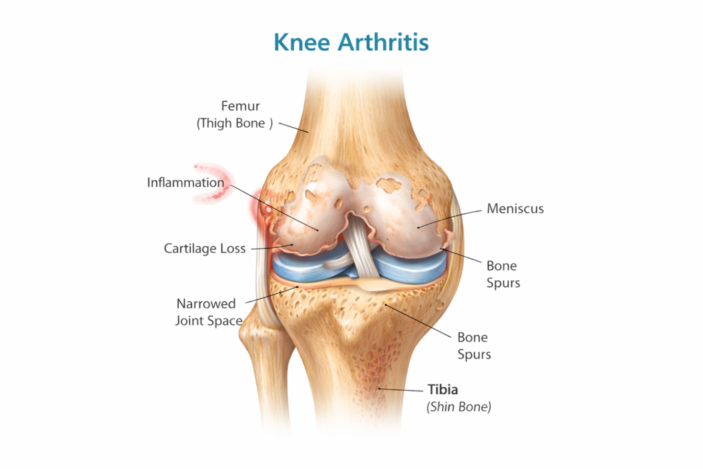 Medical illustration of knee arthritis showing cartilage loss and joint degeneration